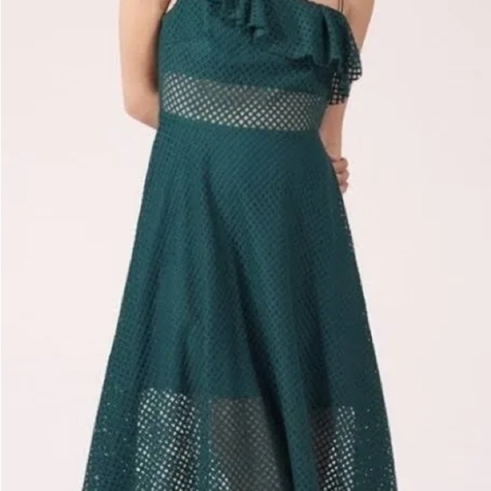 Sandro Emerald Green Ruffle Eyelet One Shoulder Midi Dress Size EU 2/US Med